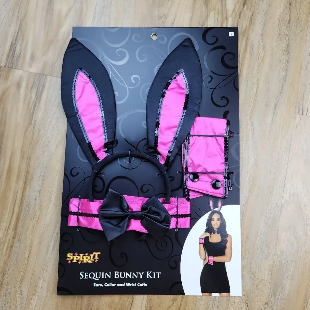 🔸️NIB Spirit Hot Pink & Black Sequined Playboy Bunny Costume Kit - Picture 2 of 12